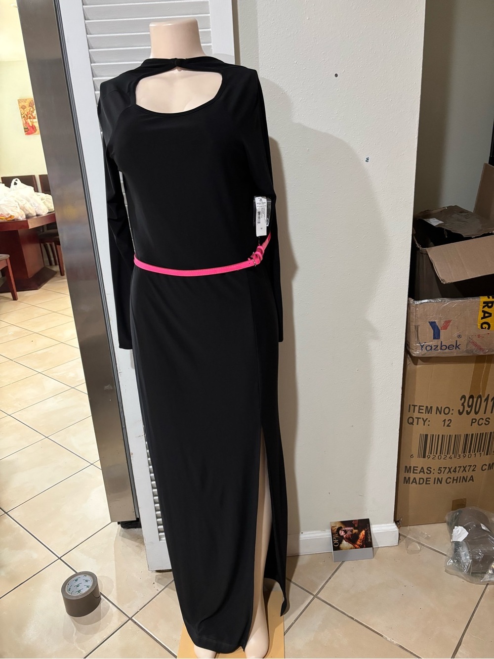 Bisou Bisou Black Long Sleeve Maxi Dress with Pink Belt
